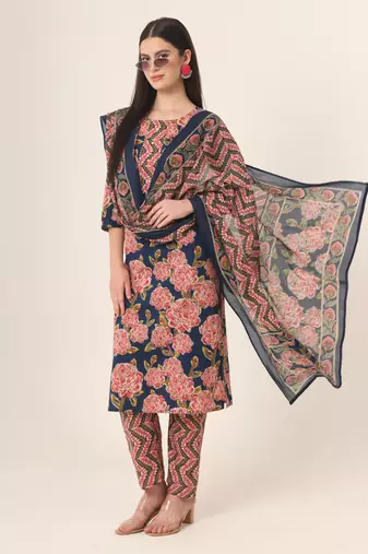  blue pure cotton straight kurta pants dupatta set