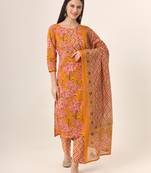  mustard pure cotton straight kurta pants dupatta set