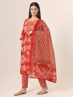  red pure cotton straight kurta pants dupatta set 1