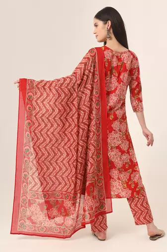  red pure cotton straight kurta pants dupatta set