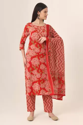  red pure cotton straight kurta pants dupatta set
