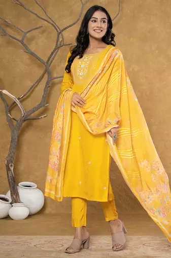  mustard silk beads and stones,sequins work kurta dupatta set