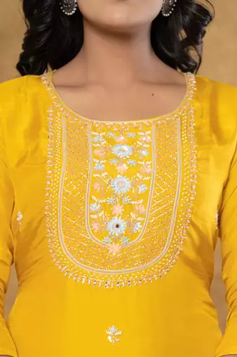  mustard silk beads and stones,sequins work kurta dupatta set