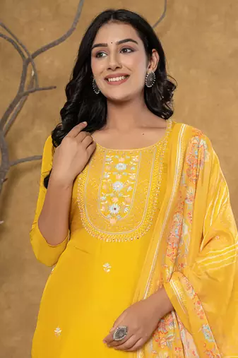  mustard silk beads and stones,sequins work kurta dupatta set