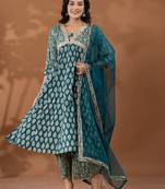  cotton green anarkali ethnic motifs kurta dupatta set
