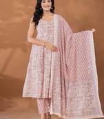  peach cotton anarkali square neck kurta dupatta set