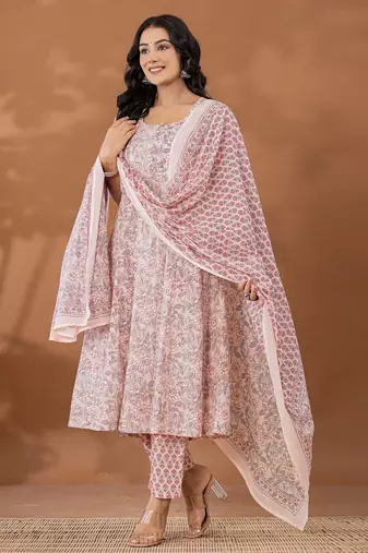  peach cotton anarkali square neck kurta dupatta set