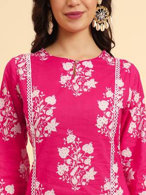  pure cotton pakistani kurta set with pant & dupatta with lace detailing 4