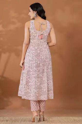  peach cotton anarkali square neck kurta dupatta set