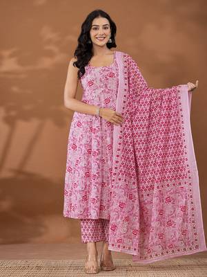  purple cotton anarkali square neck kurta dupatta set 1