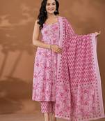  purple cotton anarkali square neck kurta dupatta set