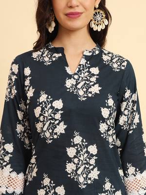  pure cotton pakistani style kurta set with pant & dupatta with lace detailing 4