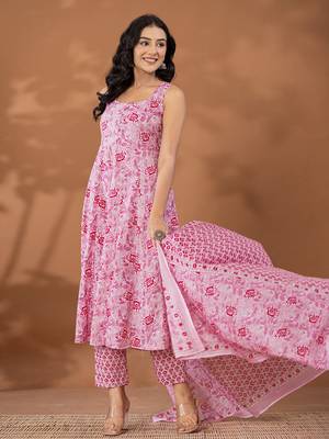  purple cotton anarkali square neck kurta dupatta set 2