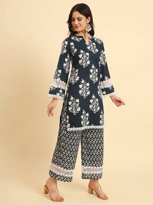  pure cotton pakistani style kurta set with pant & dupatta with lace detailing 5