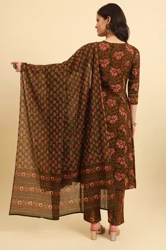  green pure cotton floral,sequins work kurta set with dupatta