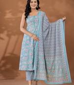  blue cotton anarkali square neck kurta dupatta set