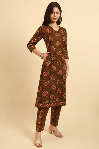  green pure cotton floral,sequins work kurta set with dupatta