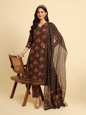  navy blue pure cotton floral,sequins worky kurta set with dupatta 1