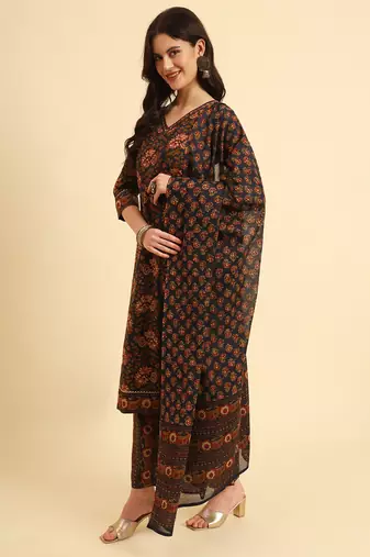  navy blue pure cotton floral,sequins worky kurta set with dupatta