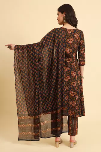  navy blue pure cotton floral,sequins worky kurta set with dupatta