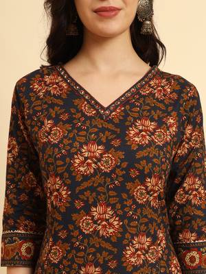  navy blue pure cotton floral,sequins worky kurta set with dupatta 4