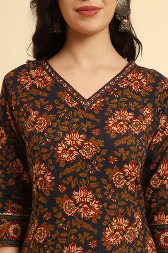  navy blue pure cotton floral,sequins worky kurta set with dupatta