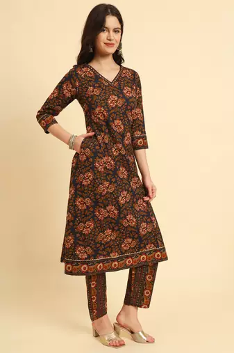  navy blue pure cotton floral,sequins worky kurta set with dupatta