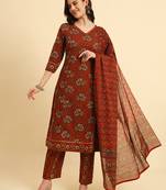  red pure cotton floral,sequins work kurta set with dupatta