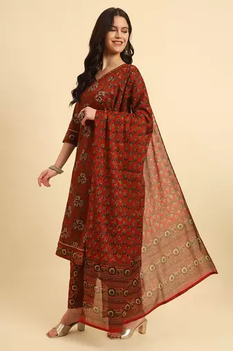  red pure cotton floral,sequins work kurta set with dupatta