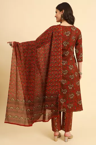  red pure cotton floral,sequins work kurta set with dupatta