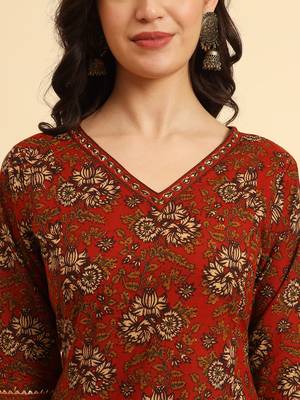  red pure cotton floral,sequins work kurta set with dupatta 4