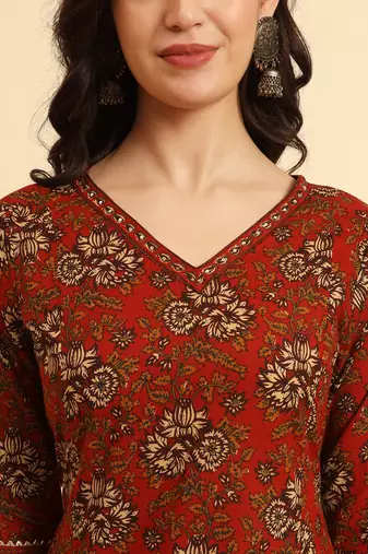  red pure cotton floral,sequins work kurta set with dupatta