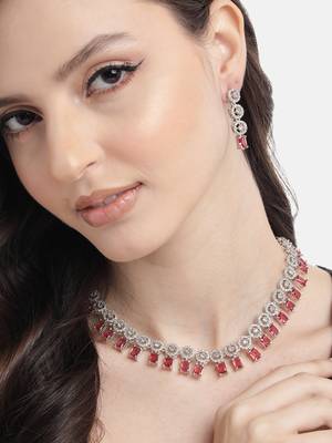 Silver plated red square stone jewelery set 2
