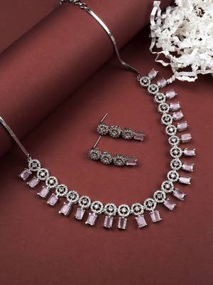 Silver plated pink square stone jewelery set 1