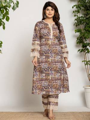  beige ethnic motifs a-line kurta pant set 1