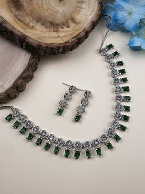 Silver plated green square stone jewelery set 1