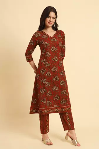  red pure cotton floral,sequins work kurta set with dupatta