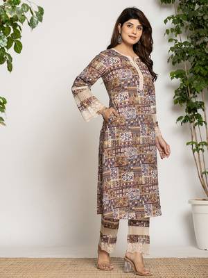  beige ethnic motifs a-line kurta pant set 2