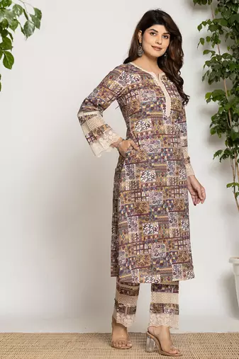 beige ethnic motifs a-line kurta pant set