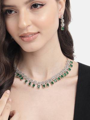 Silver plated green square stone jewelery set 2