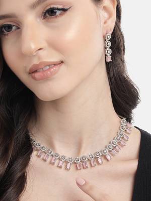 Silver plated pink square stone jewelery set 2