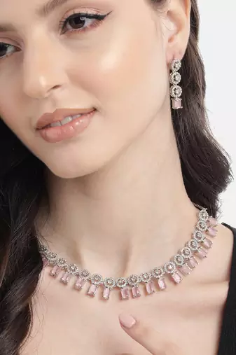 Silver plated pink square stone jewelery set