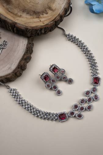 Silver plated red leaf style ad necklace set