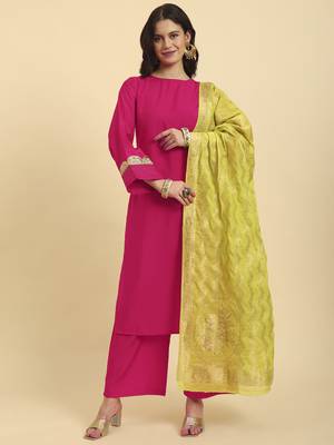  pink silk flared sleeves kurta with palazzo banarasi dupatta set 1