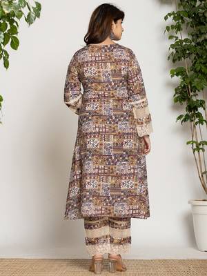  beige ethnic motifs a-line kurta pant set 3