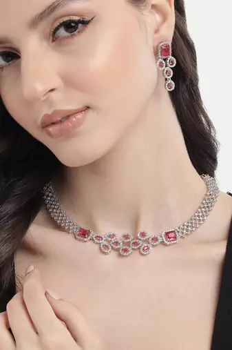 Silver plated red leaf style ad necklace set