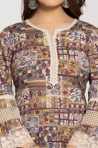  beige ethnic motifs a-line kurta pant set