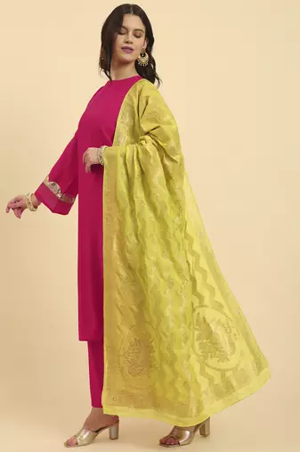  pink silk flared sleeves kurta with palazzo banarasi dupatta set