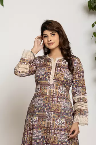  beige ethnic motifs a-line kurta pant set