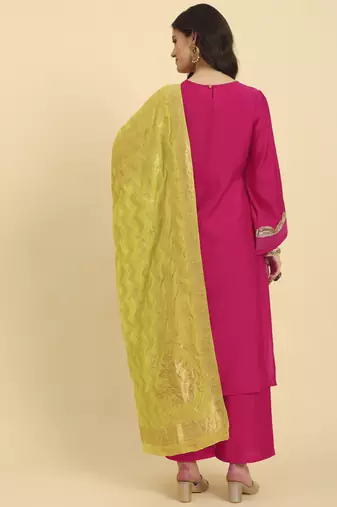  pink silk flared sleeves kurta with palazzo banarasi dupatta set